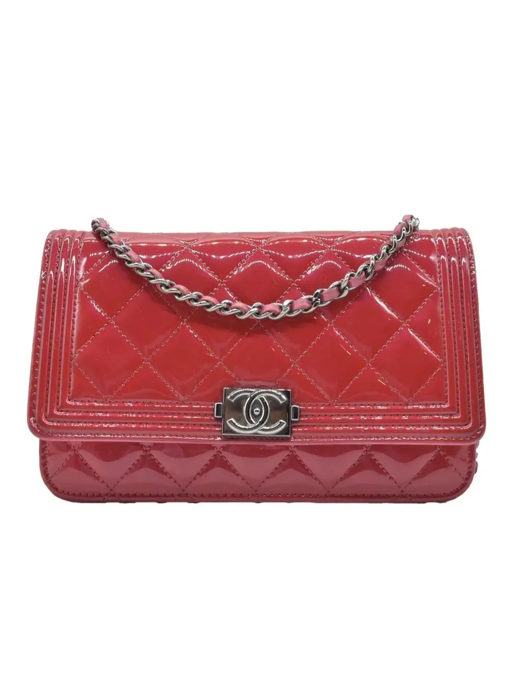 $3350 Chanel Patent Calfskin Quilted Boy Wallet On Chain WOC